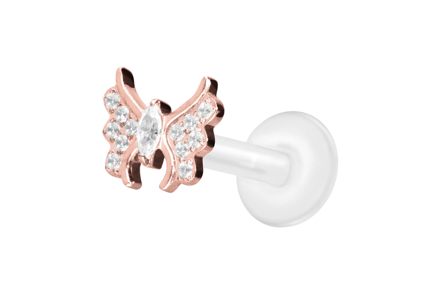 PTFE Labret Piercing mit Innengewinde + Titan-Aufsatz KRISTALLSCHMETTERLING